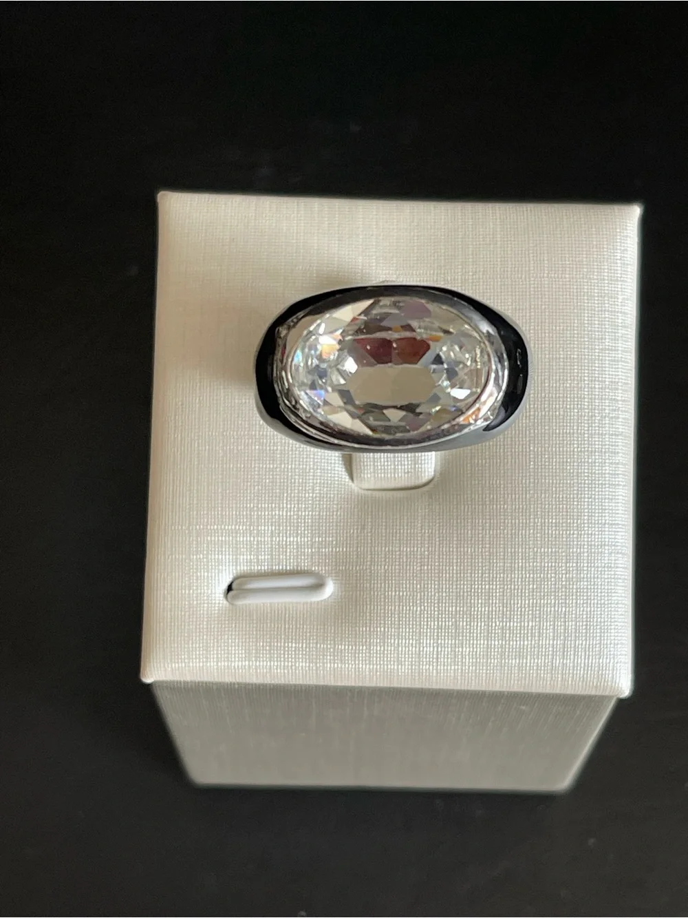 Vintage black enamel & Clear Oval Crystal Cocktail Ring.